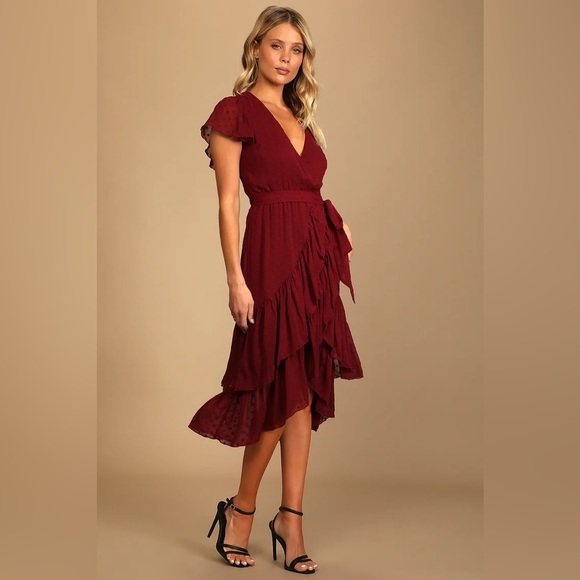 NWT Lulus Have Harmony Burgundy Swiss Dot Ruffled Faux Wrap Midi Dress - Picture 2 of 9
